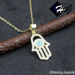 Authentic 925 STERLING SILVER ICY CZ GOLD PLATED/SILVER HAMSA HAND PENDANT NECKLACE*WN13