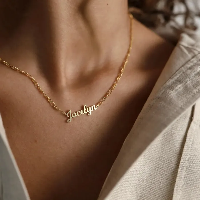 Authentic Inscribed Gold Talisman Personalized Name Pendant With The Enigmatic Figaro Chain