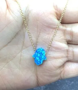 Authentic Blue Opal Hamsa 925 Sterling Silver Gold Plated Necklace 16''-18'' 