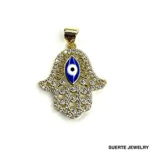 Authentic 14k Gold Plated Evil Eye Hamsa Hand Pendant Mal De Ojo Collar Dije Oro Laminado