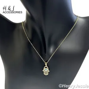 Authentic 16"+2"WOMEN 925 STERLING SILVER CZ HAMSA HAND GOLD PLATED PENDANT NECKLACE*WGN13