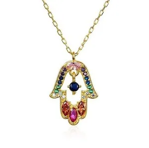 Authentic Colorful Hamsa Necklace 14k Gold Plated CZ Gemstones Protection Women Gift