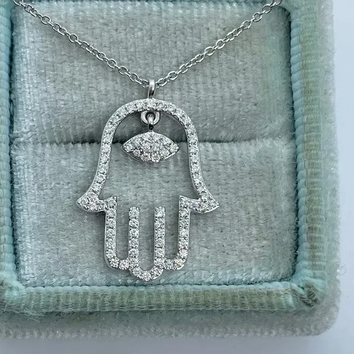 Authentic 1.20Ct Round Cut Real Moissnite  Hamsa Hand Pendant 14K White Gold Plated