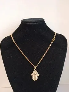 Authentic Hamsa Hand CZ Crystal Pendant Gold Plated Cuban Curb Link Chain Necklace 24"