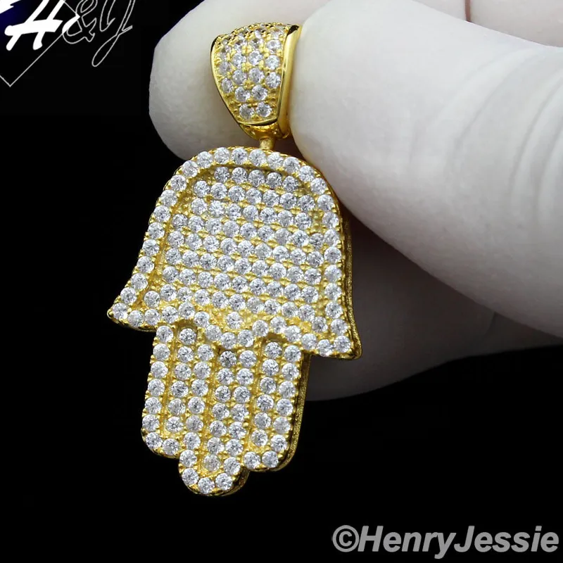 Authentic MEN 925 STERLING SILVER ICY BLING CZ GOLD PLATED 3D HAMSA HAND PENDANT*GP94