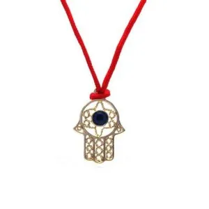 Authentic Sterling Silver Yellow Gold Plated Hamsa Hand Pendant w/ 16" Red Cord
