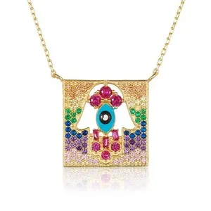 Authentic Hamsa Evil Eye Necklace 14k Gold Plated 925 Silver Colorful CZ Pendant