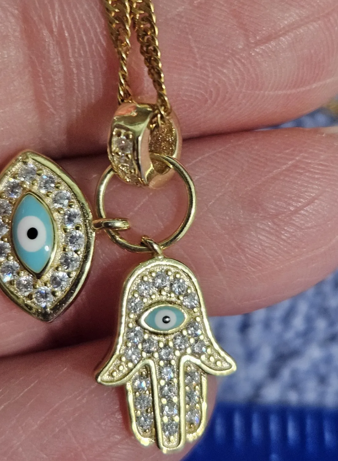 Authentic Gold Plated 925 Sterling Silver Evil Eye Hamsa Cubic Zirconia CZ Necklace 22"