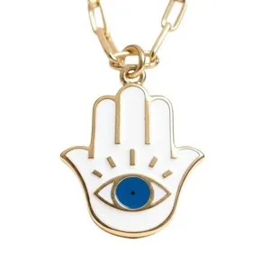 Authentic Gold Plated Hamsa Evil Eye Necklace Navy Pink Enamel 16"+2" 925 Silver