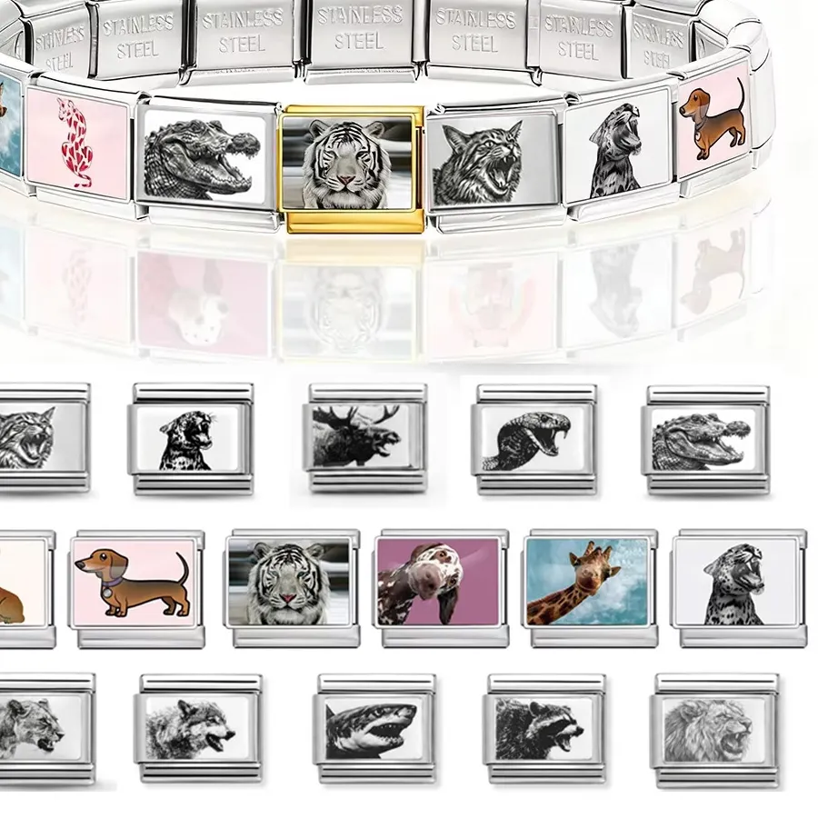 Authentic Dog Tiger Lion Bear Animal Series Italian Link Fit 9mm Bracelet Making DIY Making Charm Jewelry Accessories