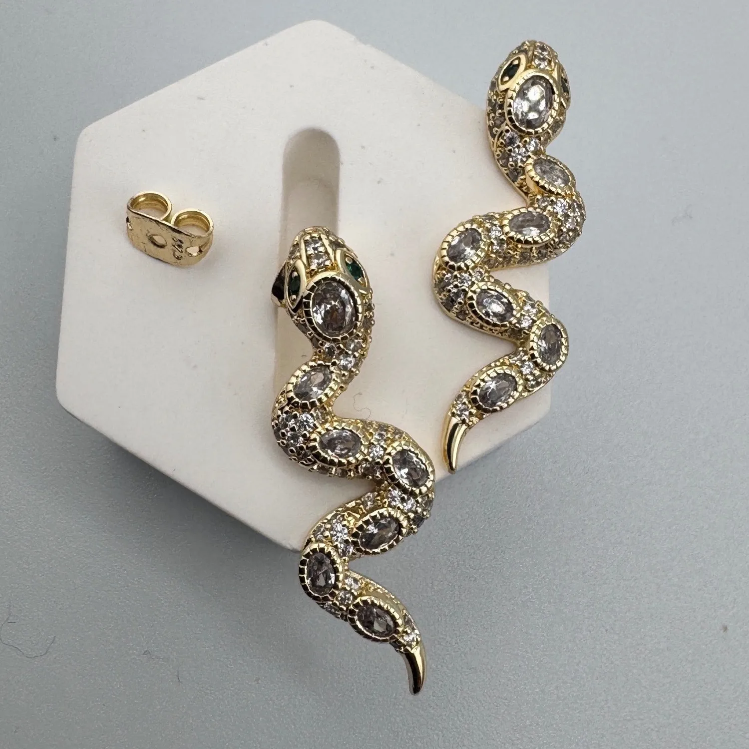 Authentic Snake Stud Earrings 14K Gold Plated Cubic Zirconia Serpent Jewelry Clear Green