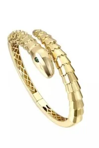 Authentic 14k Gold Plated with Green Eyes Cubic Zirconia Textured Coiled Serpent