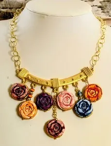 Authentic Kisses From Dried Roses In Handpainted Clay Cottagecore Gold Plated Necklace