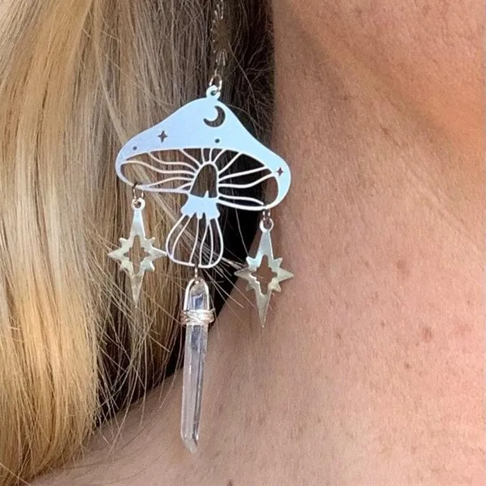 Authentic Lunar Mycelium: Celestial Mushroom and Amethyst Moon Earrings