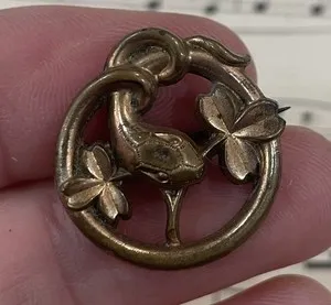 Authentic Rare Antique French Art Nouveau Gold Plated Brooch Snake Serpent Clovers c1920