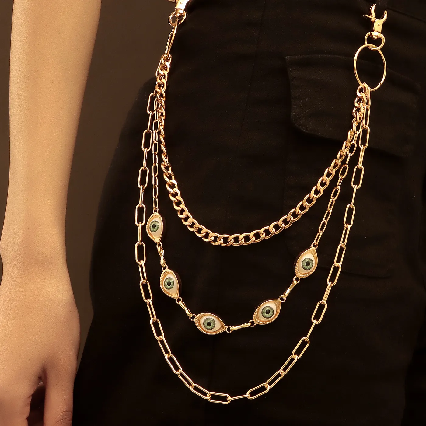 Authentic Punk Layered Chain Pants Gold Color Evil Eye Key Chains Belt Waist Chain Jewelry Accessories Trousers Keychain