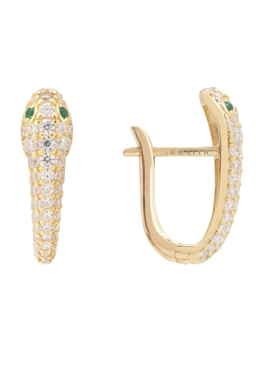 Authentic Yellow Gold Plated Snake Serpent Huggie Hoop Earrings White CZ Gemstone Gift