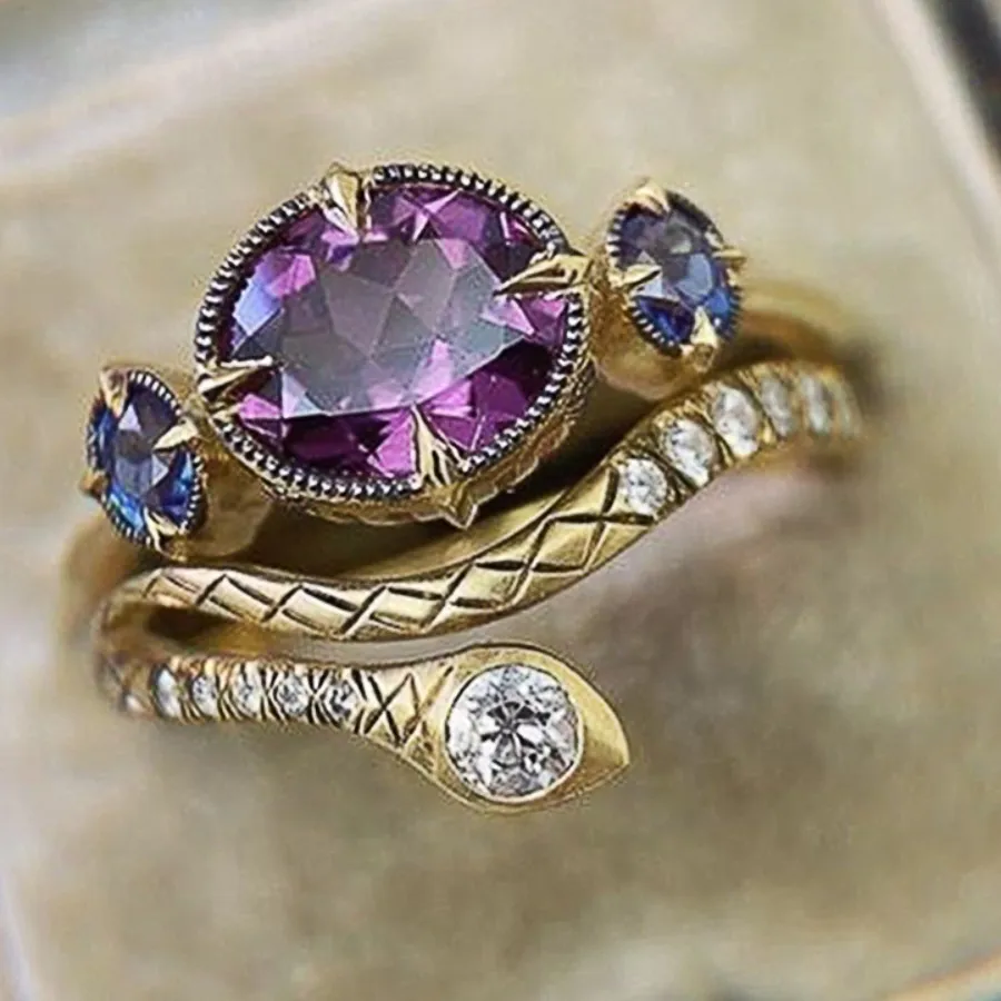 Authentic Retro Luxury Gold Color Serpent Wrap Gemstone Rings Oval Amethyst 5A Zircon Blue Sapphire Accents Rings for Women Exotic Jewelry