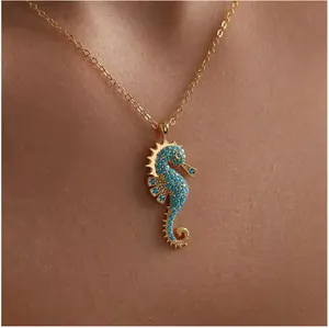 Authentic Turquoise blue and gold plated seahorse pendant necklace for women