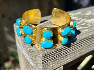 Authentic Gold Plated Turquoise Cuff Bangle Bracelet, Adjustable Statement Jewelry