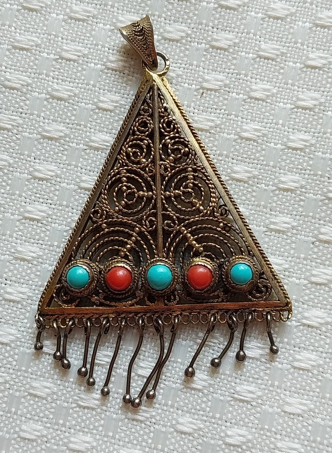 Authentic 925 Sterling Silver Vintage Triangle Pendant Gold Plated Turquoise & Gemstones