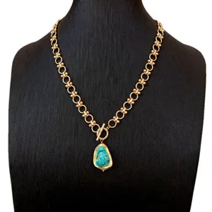 Authentic Gold Plated Chain Chokers Necklace Blue Turquoise Pendant Designer Gems Jewelry