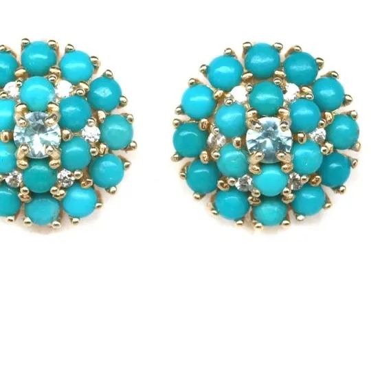 Authentic Handmade 14K Yellow Gold Plated Silver 3 mm Blue Turquoise & Diamond Earrings