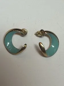 Authentic Kenneth Jay Lane KJL Turquoise Enamel Gold Plated Crescent Hoop Post Earrings