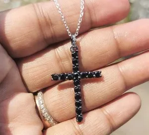 Authentic Black Moonlit Protection: 2Ct Black Lab Created Round Cut Cross Pendant in 14k White Gold Plating