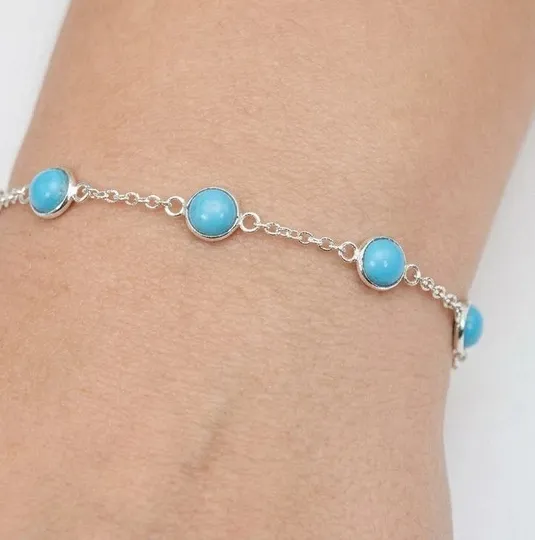 Authentic 4Ct Round Cut Lab Created Turquoise Women Station Bracelet 14k White Gold Plated