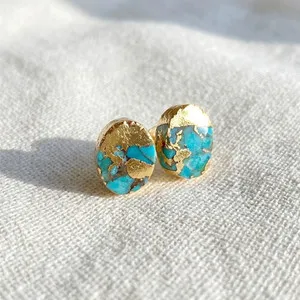 Authentic Tiny Blue Turquoise Earrings Gold Plated Dainty Minimalist Studs Small Gemstone
