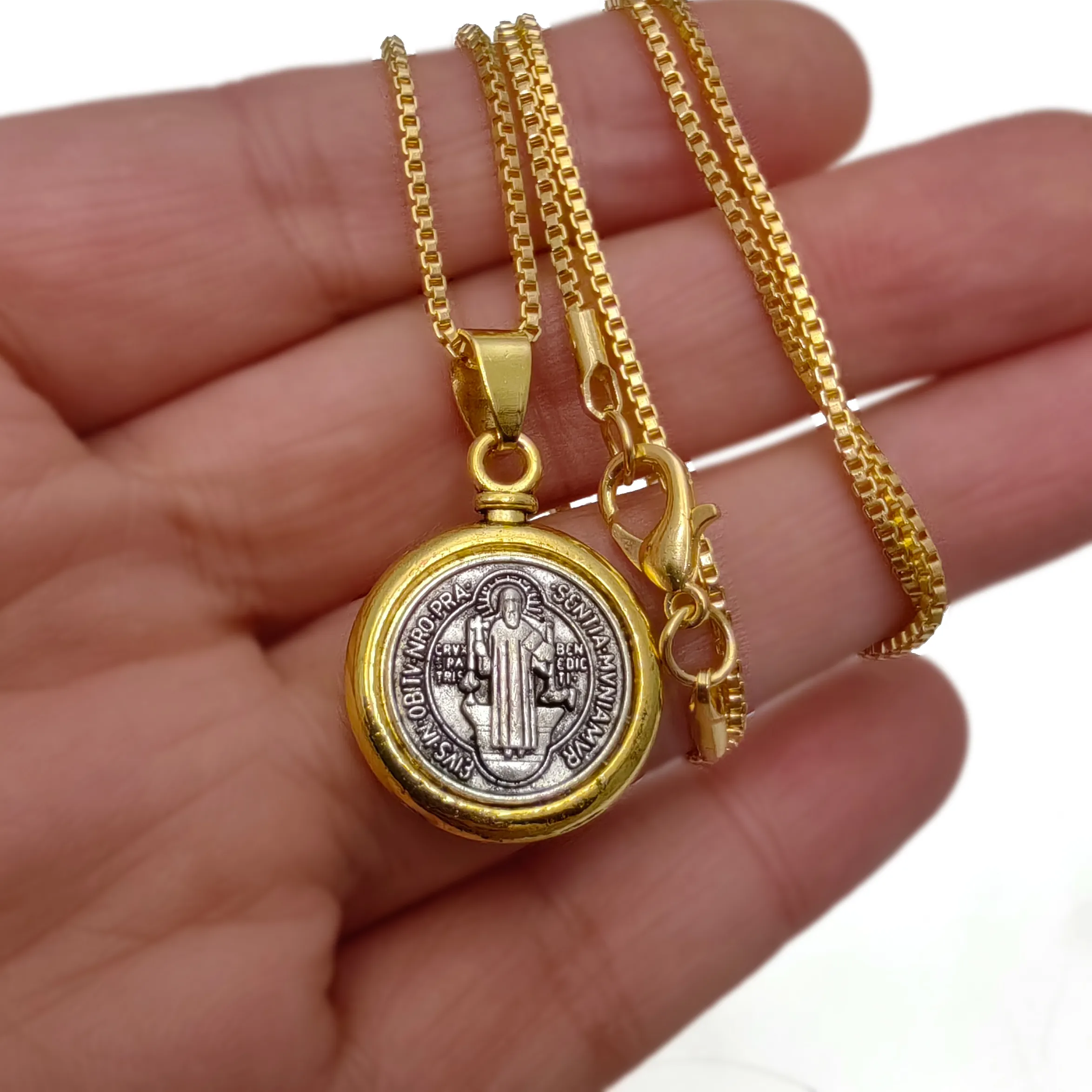 Authentic 1Pc Pendant Necklaces Saint St Benedict Of Nursia Patron Necklace Medallion With Chain 24 Inches N1693 Father's Day