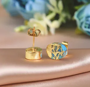 Authentic Gold Plated Blue Turquoise Dainty Stud Earrings Crystal Gemstone Healing Earring