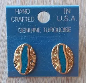 Authentic GENUINE TURQUOISE  GOLD PLATED EARRINGS. Made In The U.s.a. 