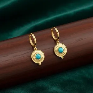 Authentic Hoop Drop Earrings 18K Gold-Plated, Turquoise Round Sunburst