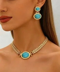 Authentic Turquoise Choker Necklace Earring Set Gold Plated
