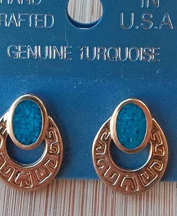 Authentic GENUINE TURQUOISE  GOLD PLATED EARRINGS. #2  Made In The U.s.a. 