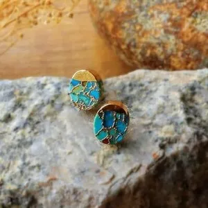 Authentic Turquoise Gold Plated Blue Gemstone Healing Reiki Dainty Vintage Stud Earrings
