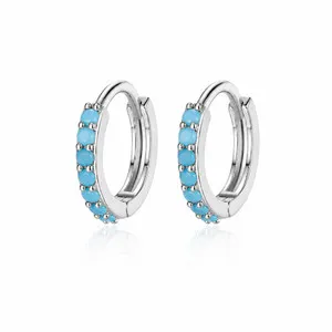 Authentic Gold Plated Hoop Earrings With Turquoise Stone Unisex Fashion Jewelry Women, Men
