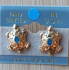Authentic GENUINE TURQUOISE GOLD PLATED TURTLE EARRINGS Made In The U.s.a.