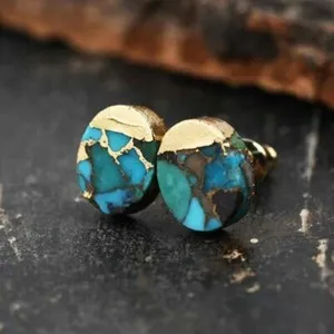 Authentic Genuine Turquoise Gold Plated Women Healing Reiki Dainty Oval Stud Earrings