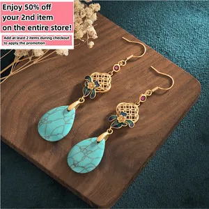 Authentic Bohemian Turquoise Gemstone Drop Earrings – Dainty Jewelry 18K Gold Plated Hook