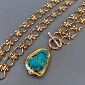 Authentic Gold Plated Chain Chokers Necklace Blue Turquoise Pendant Designer Gems Jewelry
