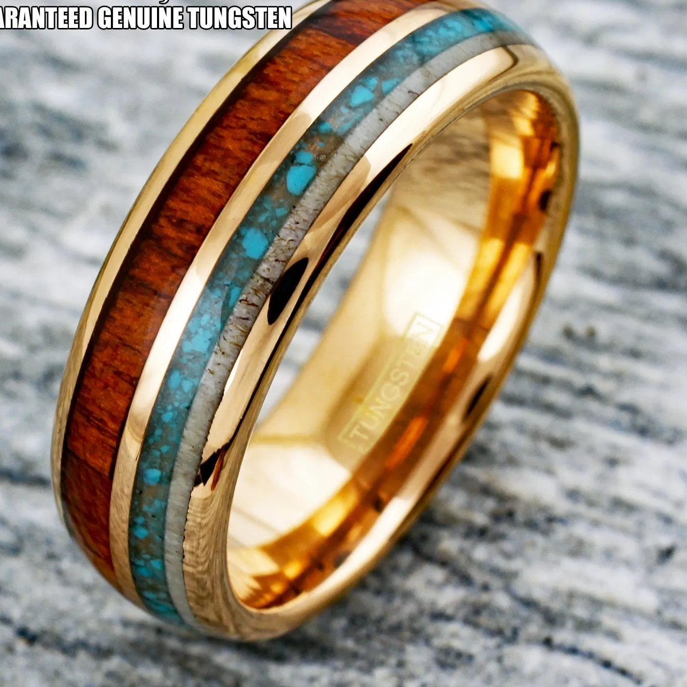 Authentic Rose Gold Plated Tungsten Mens Koa Wood Turquoise Deer Antler Wedding Band Ring