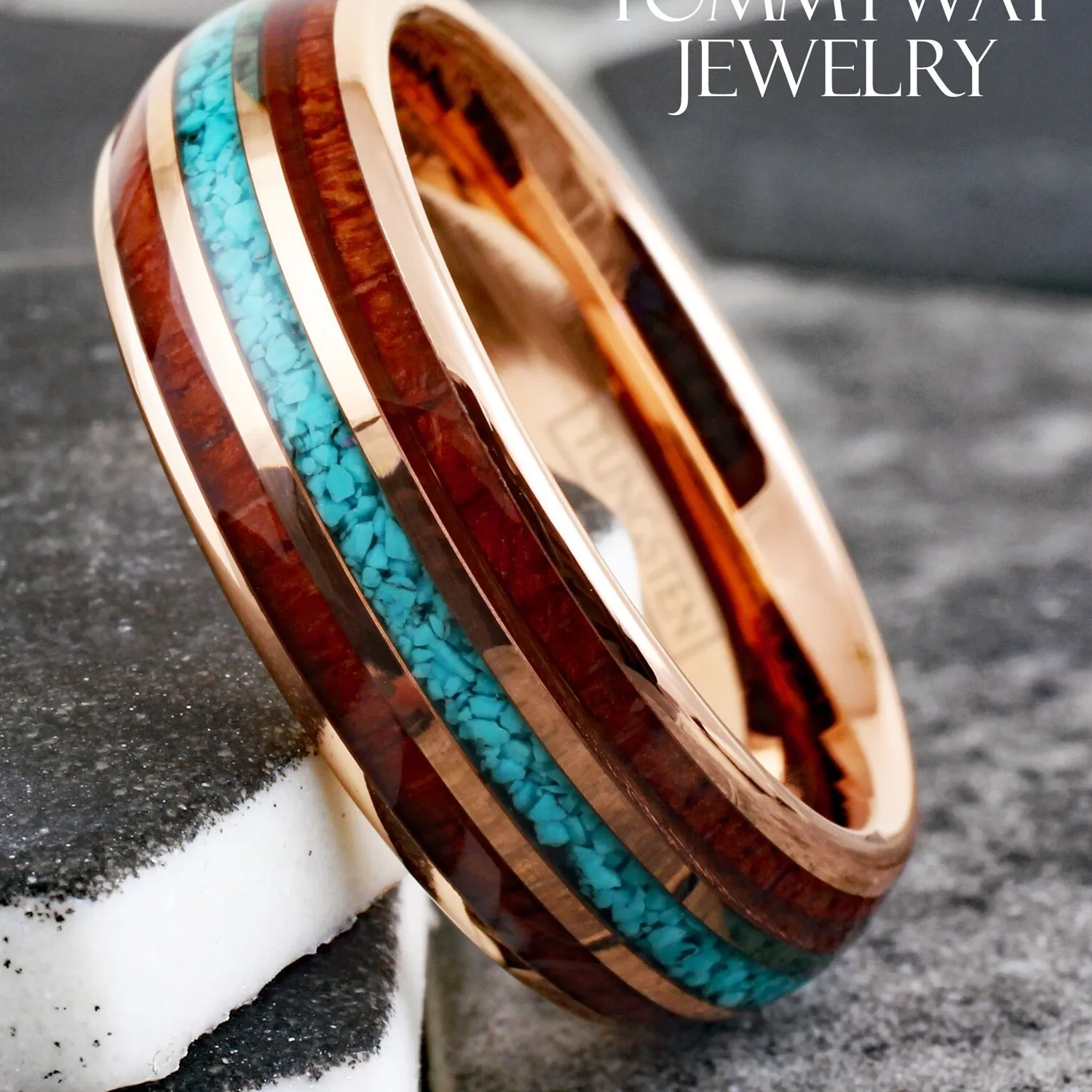 Authentic The Infinite Loop of Earth and Heart: Rose Gold Tungsten, Turquoise, and Wood Sacred Band