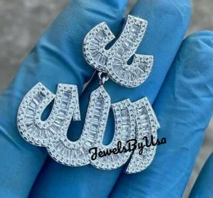 Authentic Radiant Divine Light: The 3D Baguette Moissanite Allah Pendant in White Gold Plated Silver