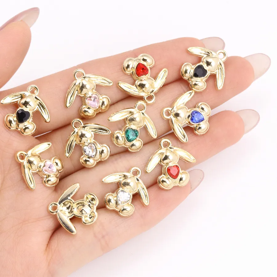 Authentic 10Pcs Zircon KC Gold Colour Alloy Fashion Rabbit Pendant DIY Necklace Earrings Rhinestone Charm Accessories Party Jewelry Gift