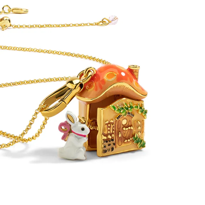 Authentic JUICYGRAPE Mystical Mushroom House Pendant Necklace Adorable White Rabbit Charm Sweater Chain Keychain 18K Gold Plated Enameling