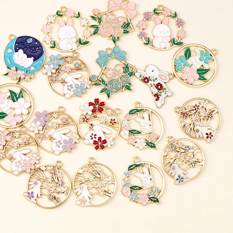 Authentic 10pcs Cute Flower Rabbit Charms for Jewelry Making Necklace Earring Diy Alloy Gold Color Floral Cats Pendants Accessories