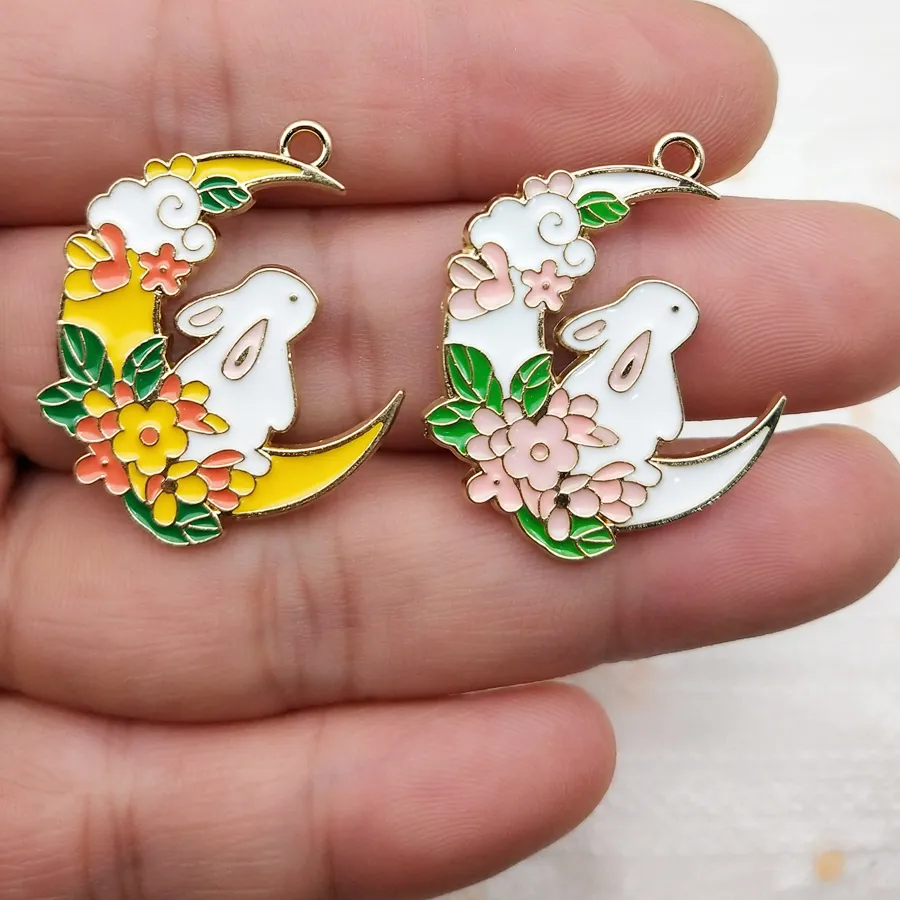 Authentic 10pcs Moon Rabbit Charm Jewelry Accessories Diy Making Enamel Necklace Earring Pendant Keychain Metal Gold Plated